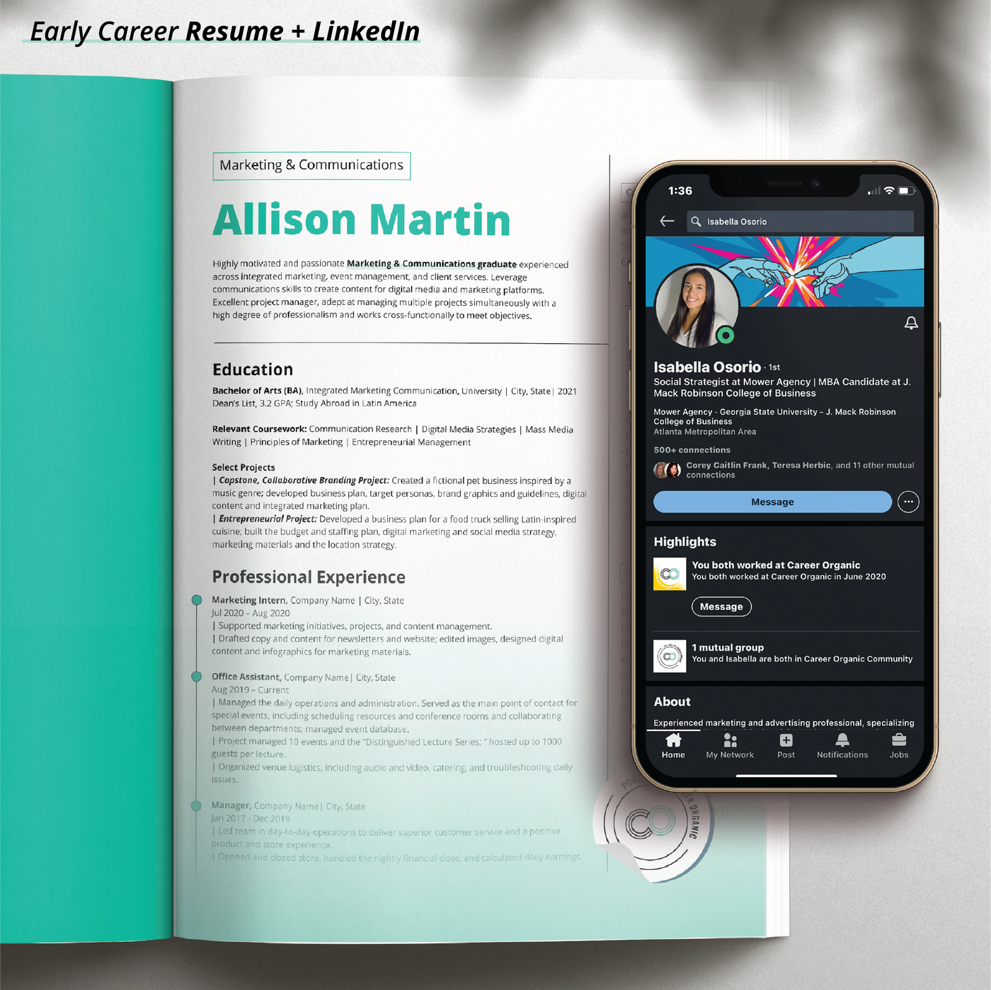 resume and iphone with linkedin profile on a grey botanical background