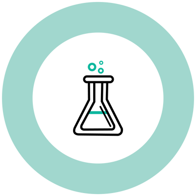 illustrated test tube with bubbling liquid, surrounded by a teal circle 
