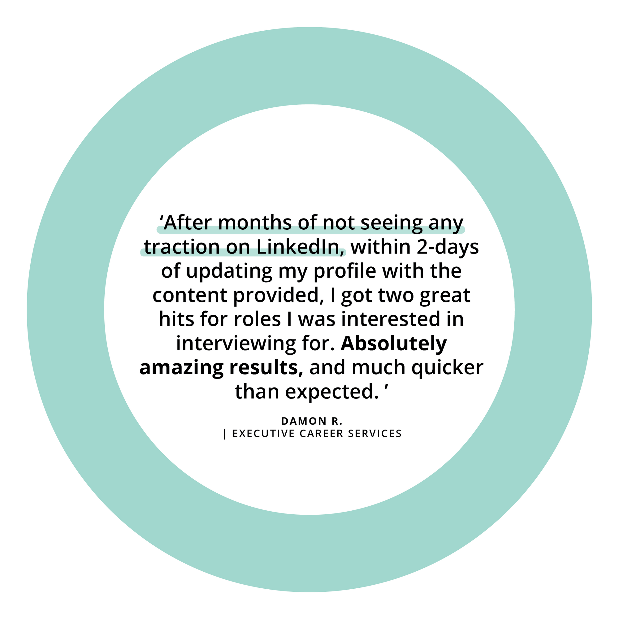 teal circle with client testimonial in the center
