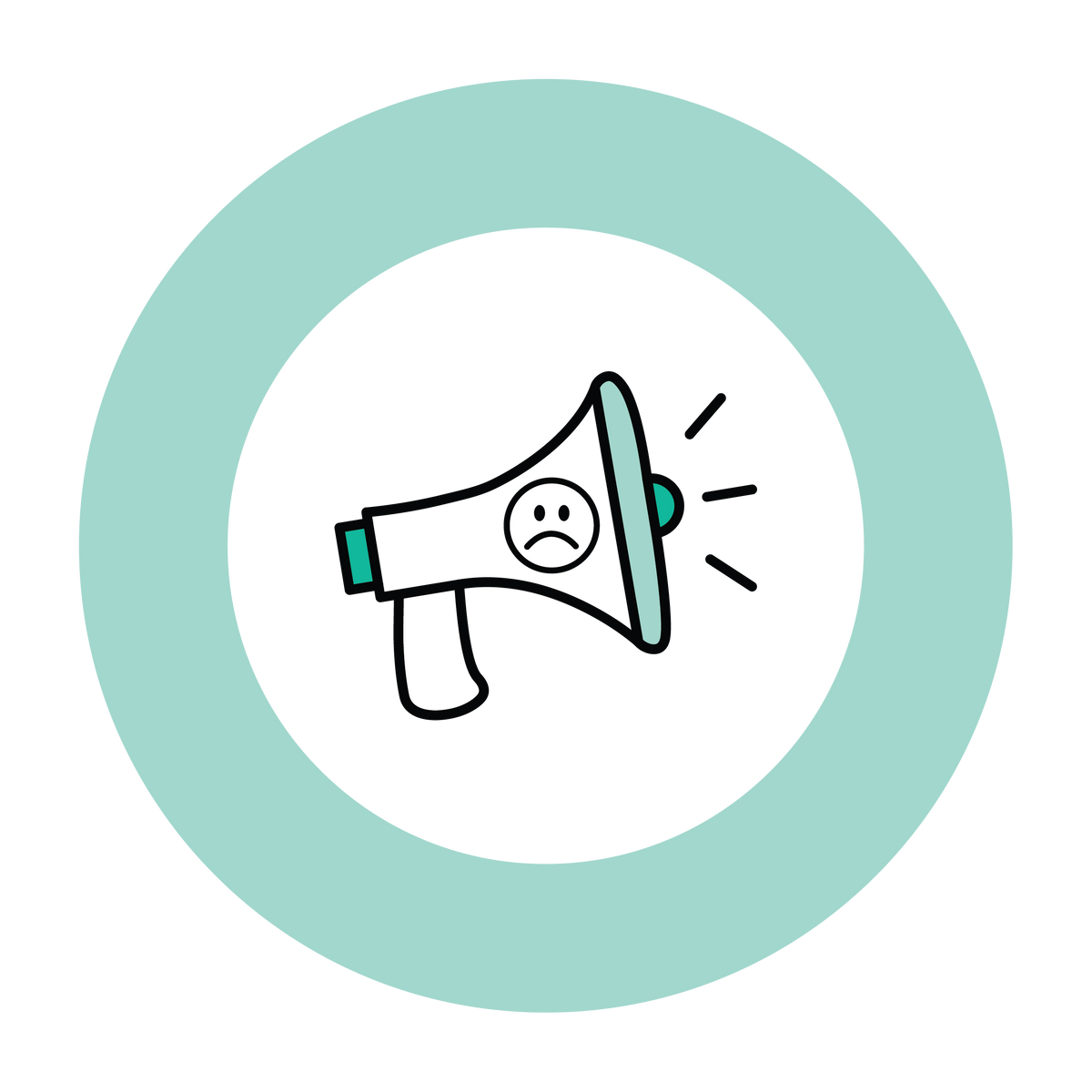 teal circle with a bold icon in the center of a mega phone with a frowny face