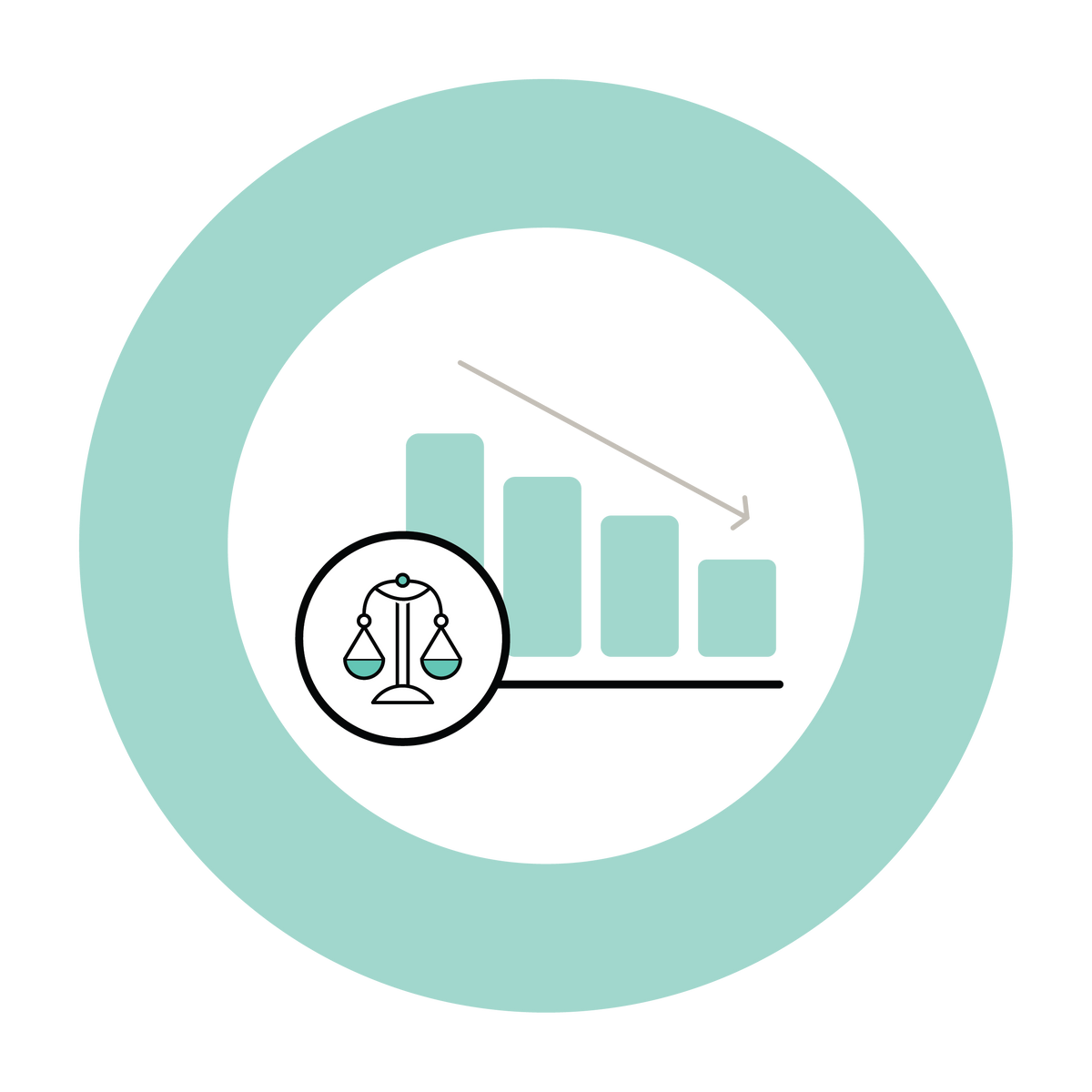 teal circle with a graph icon showing a downward trend and a integrity scale next to it