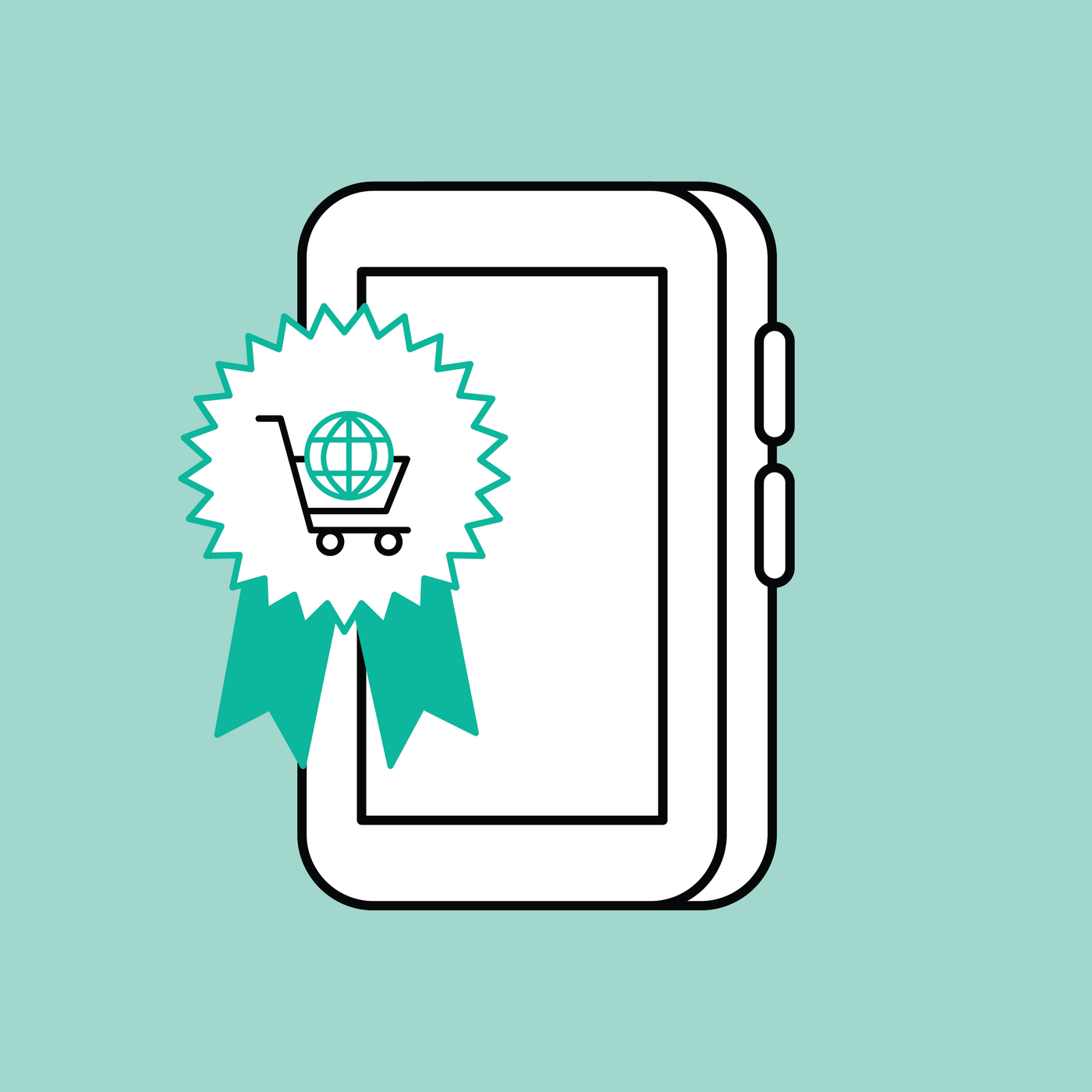 teal background with a phone in the center and a shopping cart icon in a badge next to it