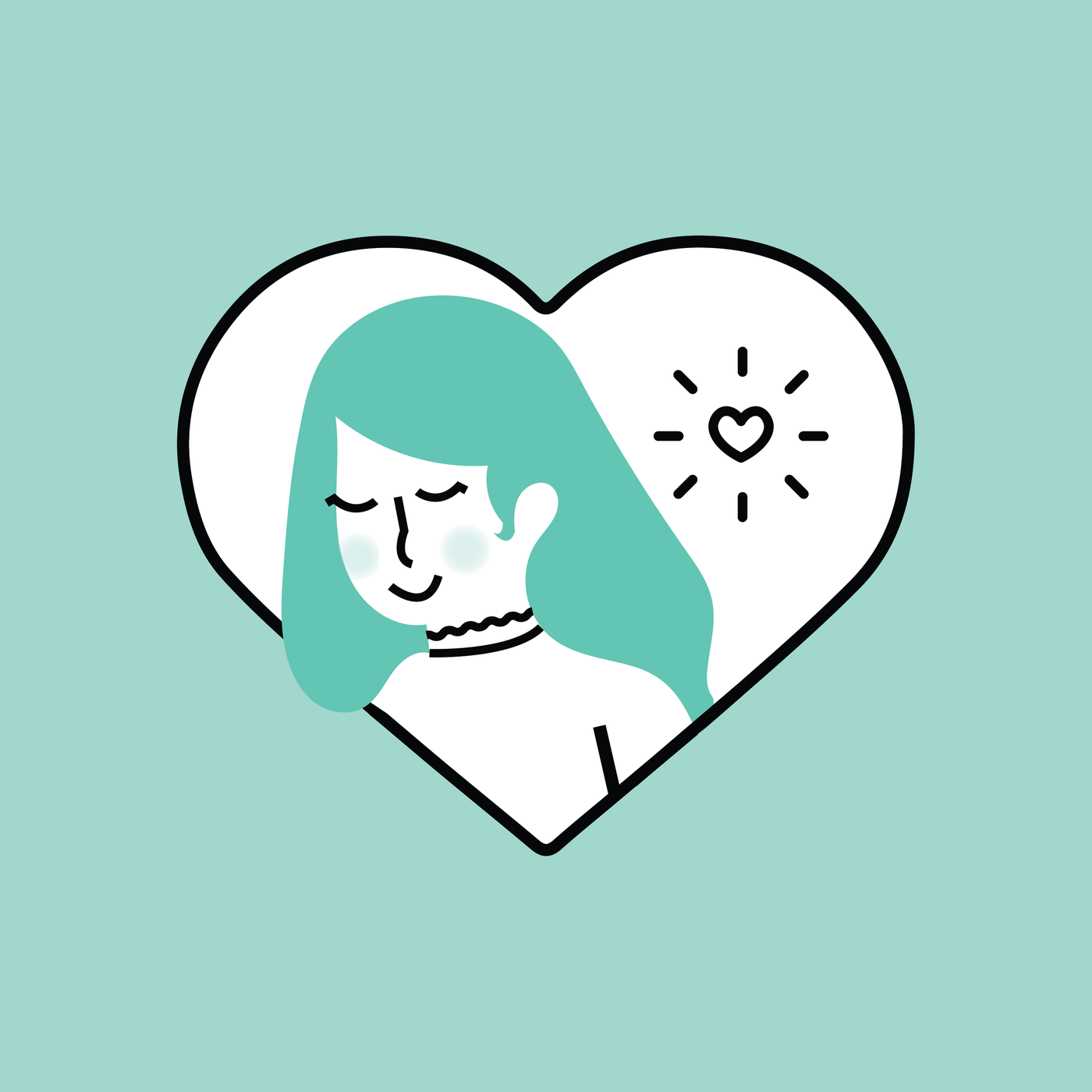 teal background with a heart in the center that has a women inside
