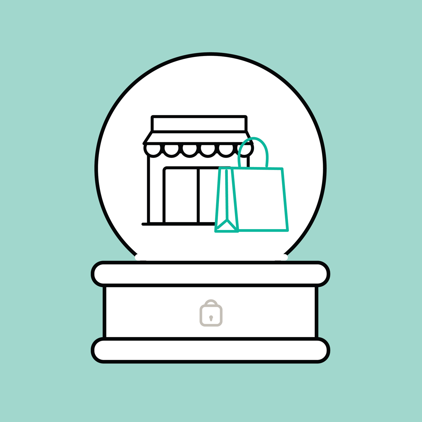 teal background with a snow globe in the center that has a storefront and a shopping bag inside