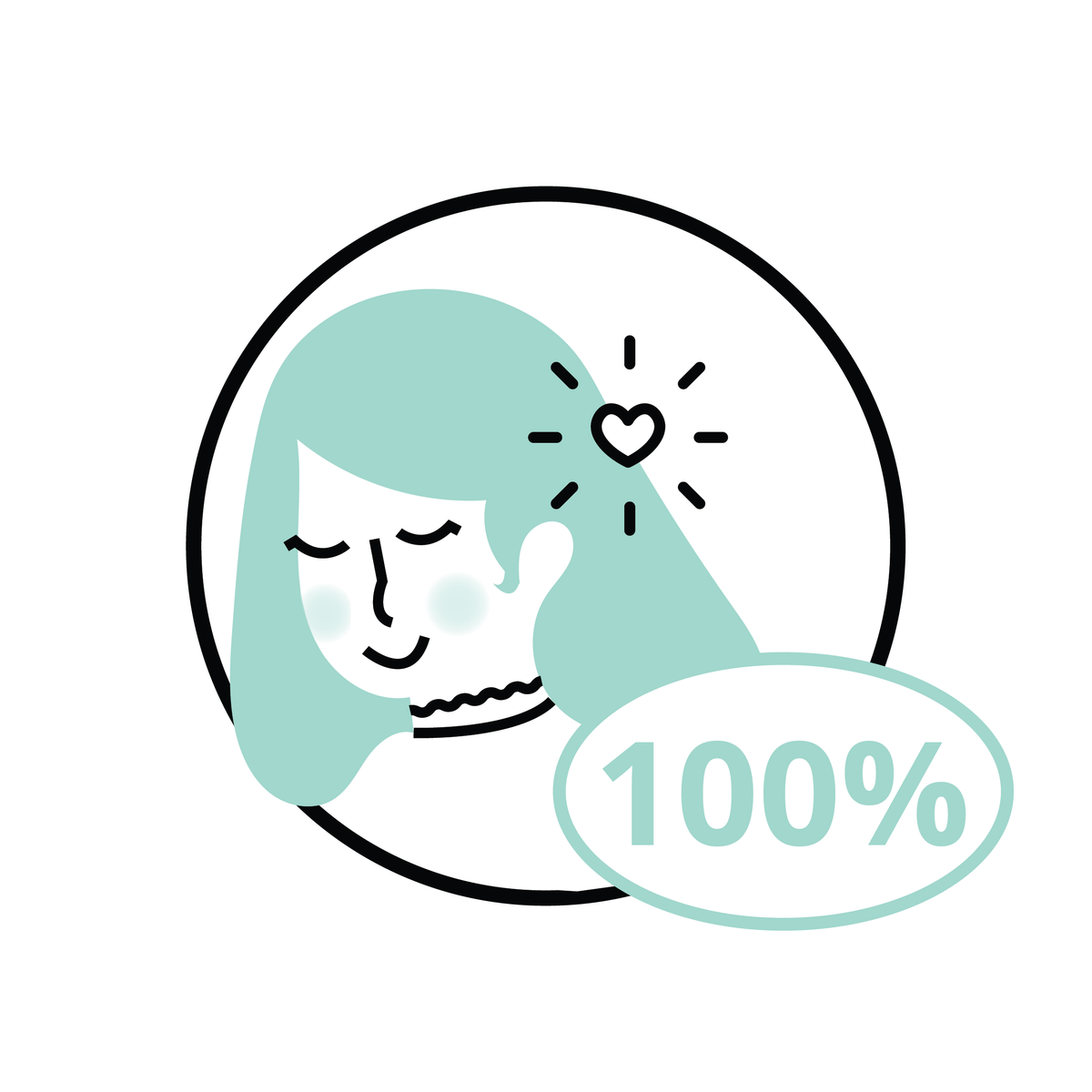 icon of a girl in teal with a heart symbol above her head and a bubble housing 100% to the bottom right