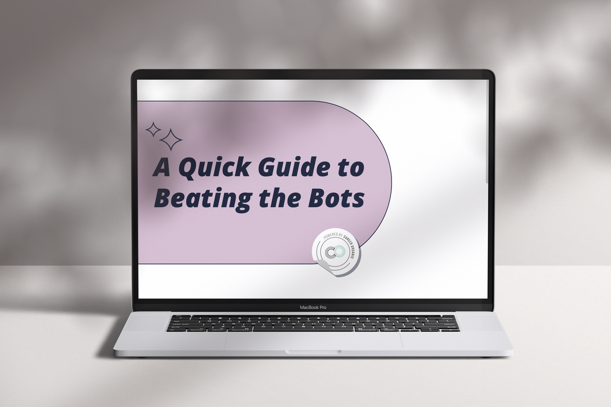 laptop on a neutral background with plant shadows displaying a free resource called a quick guide to beating the bots