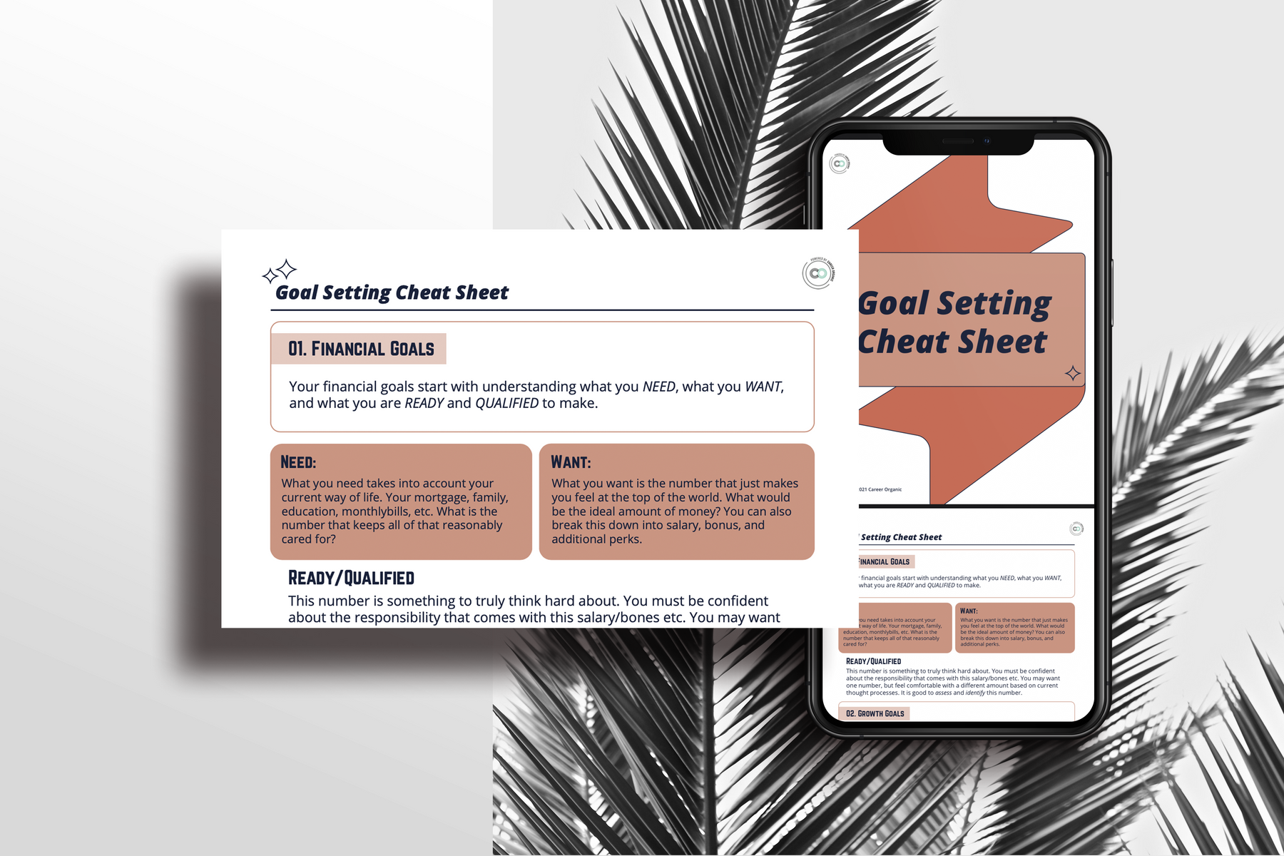 webpage and iphone on a black and white background with botanicals, their screens displaying a free guide called goal setting cheat sheet