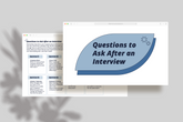 two webpages on a grey background with plant shadows displaying a free resource called questions to ask after an interview
