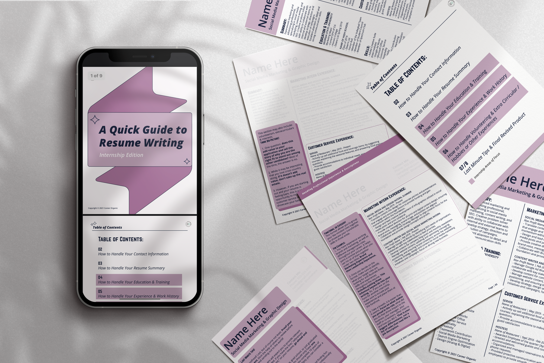 an iphone with 6 pages behind it, all displaying a free resource called a quick guide to resume writing, internship edition