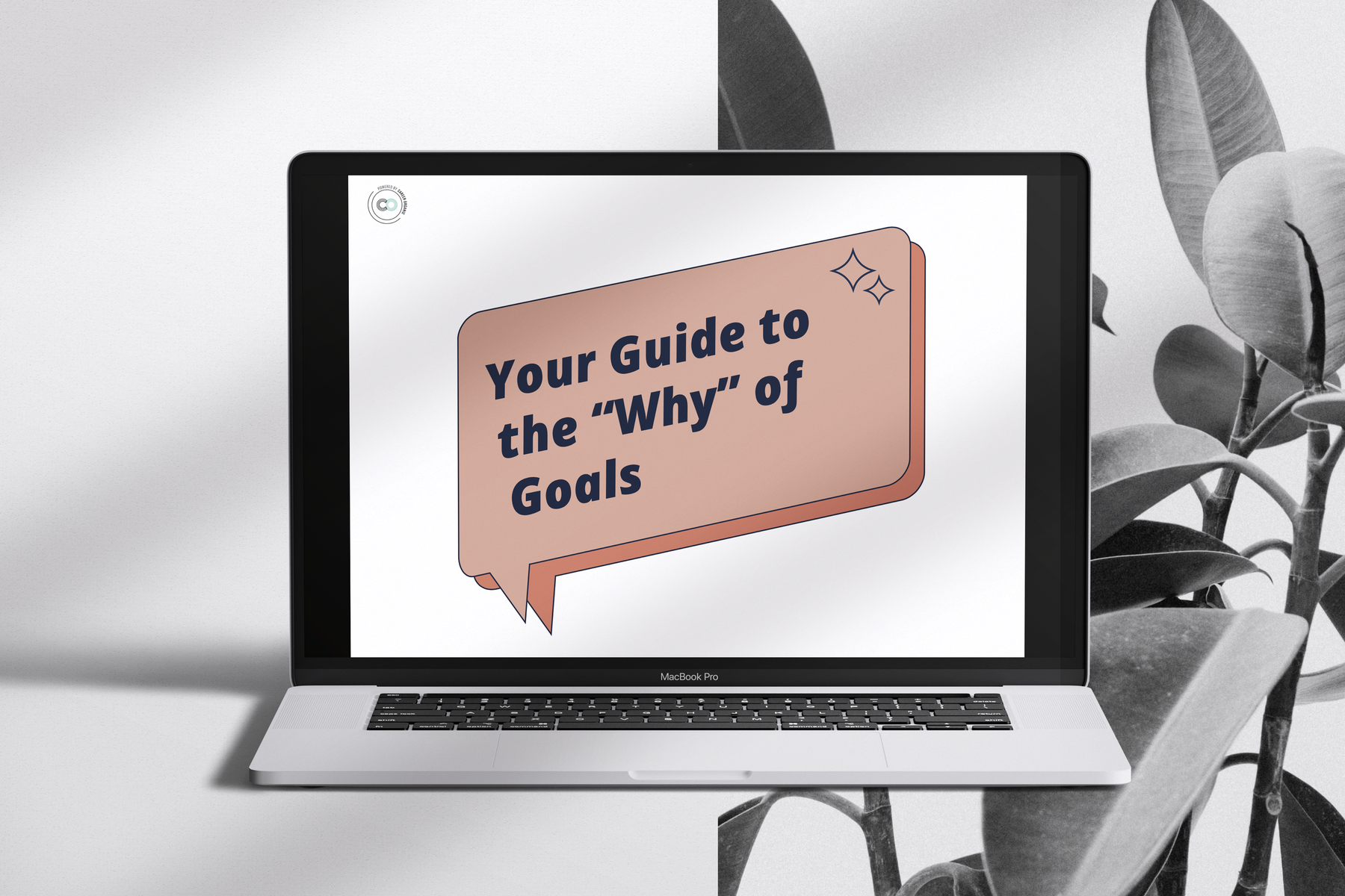 laptop on black and white botanical background, the screen displaying a free guide called your guide to the why of goals