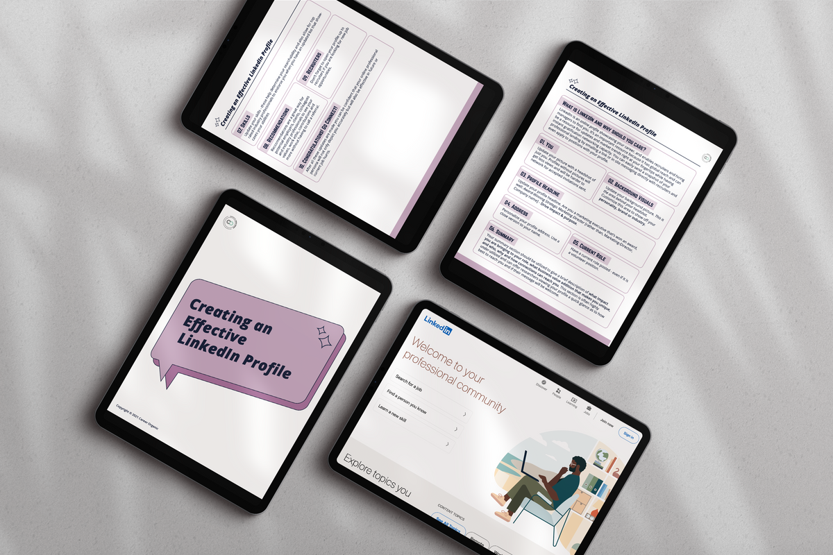 four ipads on a neutral background displaying a free resource called creating an effective linkedin profile