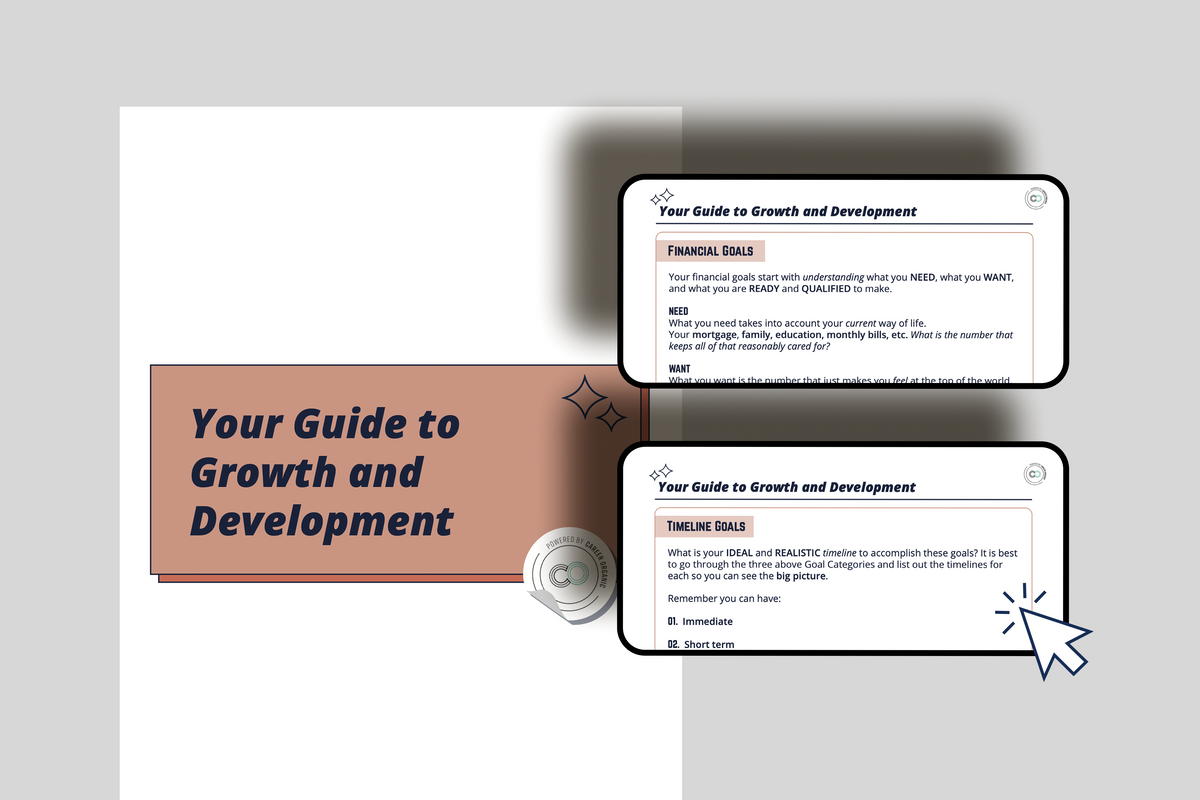 page with two iphones on a neutral background with a free guide called your guide to growth and development displayed